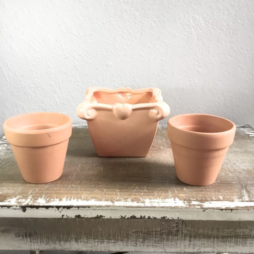 Peachy terracotta planter bundle - square pot hearts scrolls & two terracotta